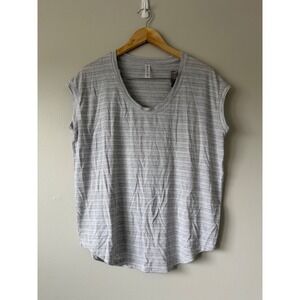 Athleta Womens Grey White Striped Scoop Neck Cap Sleeve Relaxed Top Size Medium